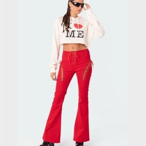EDIKTED Red Lace-Up Flare Pants